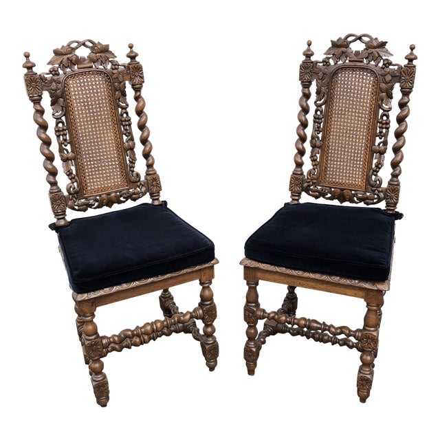 Late 19th Century Antique Jacobean Caned Back and Bottom Chairs A Pair