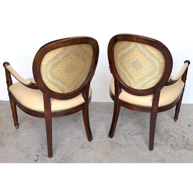 Beige Set of 4 Baker Milling Road Neoclassical Mahogany & Parchment Leather Armchairs For Sale - Image 8 of 17