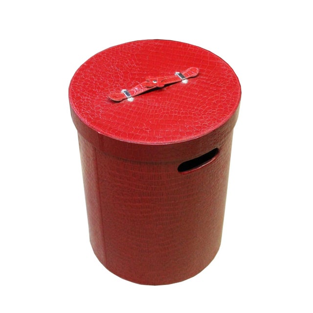 Leather Vinyl Cover Red Round Bucket Container Box Small For Sale - Image 4 of 6