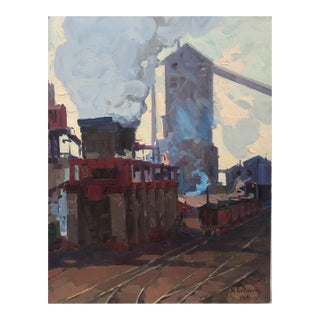 Original Oil Painting – Socialist Realism Industrial Landscape, 1969 For Sale