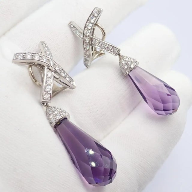 Contemporary 1980s Pair of Tiffany & Co Paloma Picasso X Drop Diamond Amethyst Night Day Platinum Earrings For Sale - Image 3 of 16