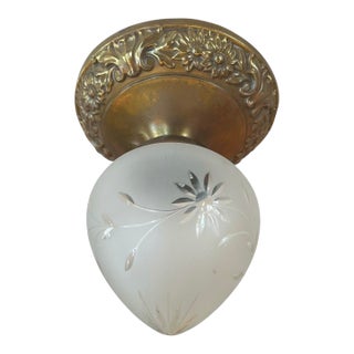 Botanical Embossed Brass Flushmount With Wheel Cut Starburst Frosted Globe For Sale