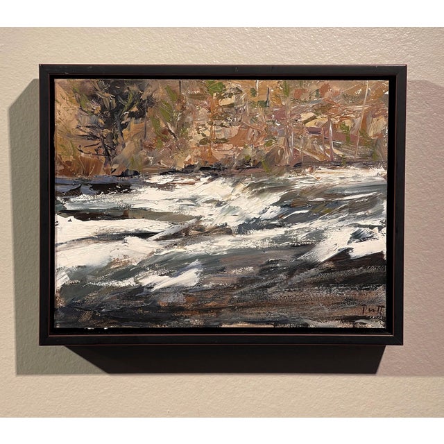 This oil on panel artwork captures the dynamic movement of a river cascading through a canyon, with bold brushstrokes...