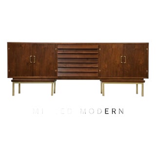 1960s Refinished 78” American of Martinsville Walnut and Brass Dresser For Sale
