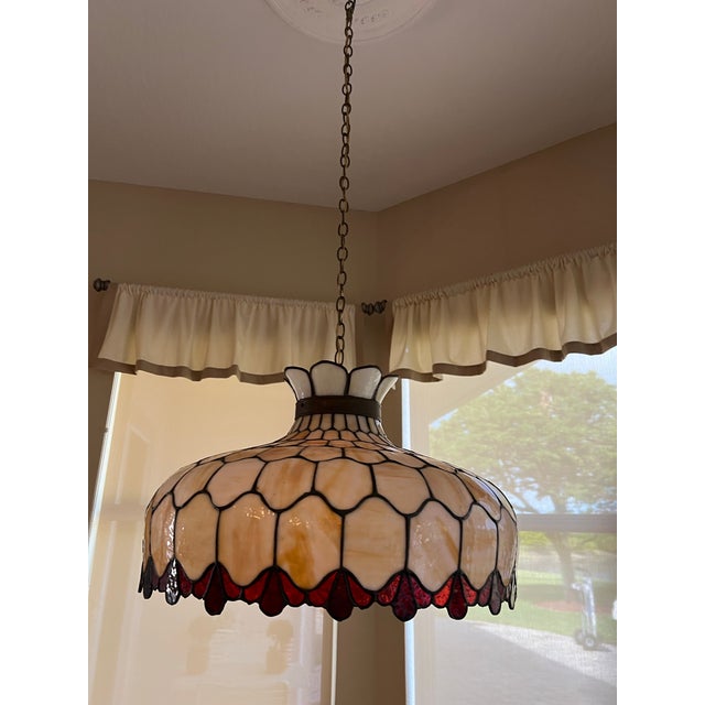 1970s Vintage Large Slag Glass Hanging Pendant Chandelier Light For Sale - Image 4 of 7