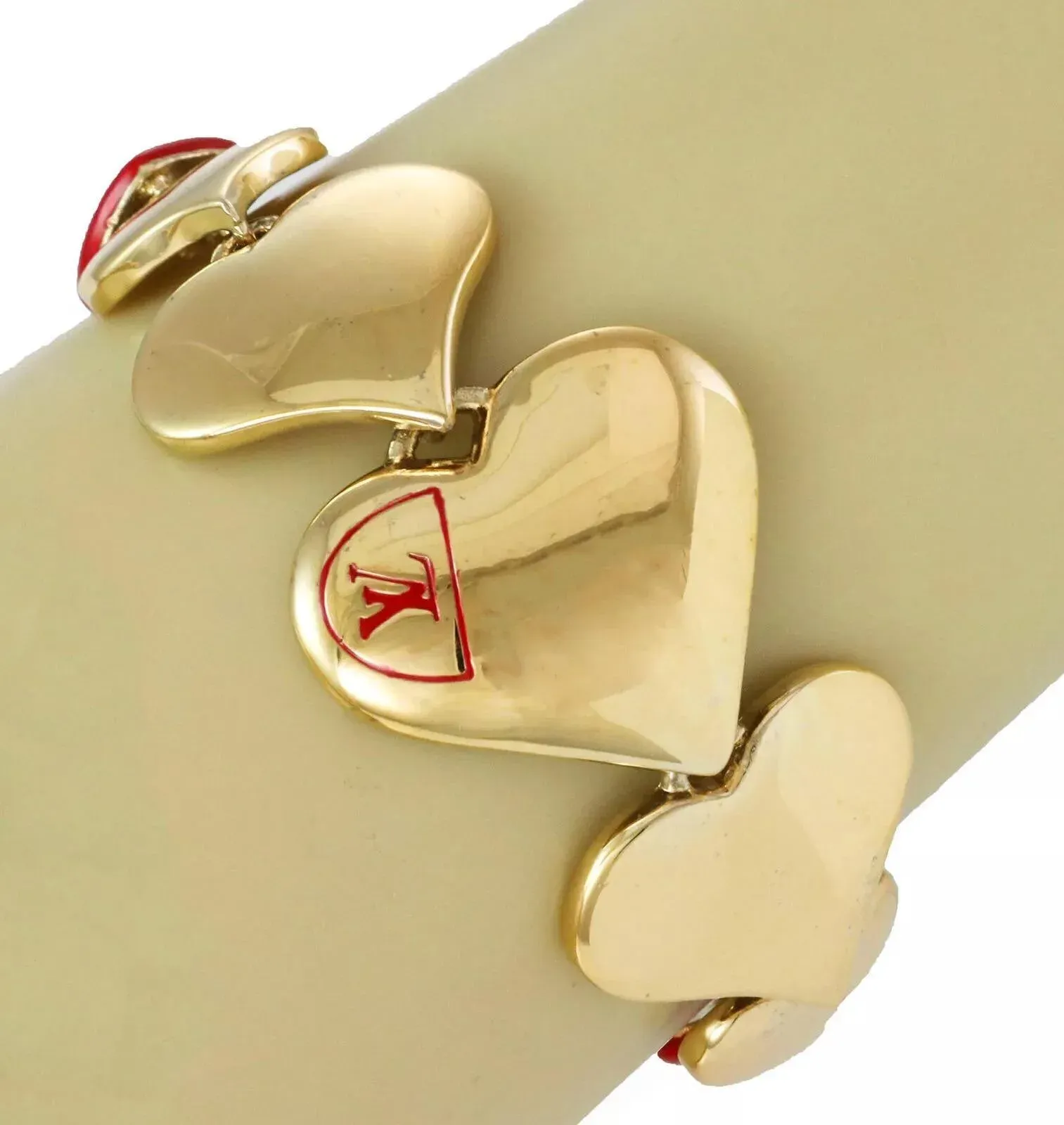 Louis Vuitton Gold Plated Red Enamel Heart Link Bracelet | Chairish