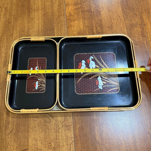 1970s VTG Japanese Lacquer Nesting Trays Set 3 Black Gold Floral Bamboo Acrylic MCM 70 For Sale - Image 5 of 18
