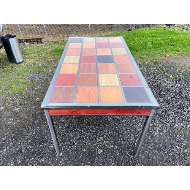 Venezia Furniture Modern Brushed Steel Table Partners Desk With Wooden Squares Tiles and Glass Top For Sale - Image 12 of 12