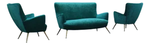 Living Room Set in Brass and Green Velvet, Italy, 1950, Set of 3