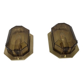 Vintage German Wall Lamps with Brass Frames and Tinted Crystal Glass Shades from Limburg, 1970s, Set of 2 For Sale