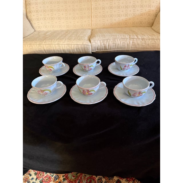 Vintage Hand Painted Majolica Cantagalli Firenze Italian Coffee Pot, Sugar and Creamer and Cups and Saucers. Set of 6. Rare. For Sale - Image 4 of 11