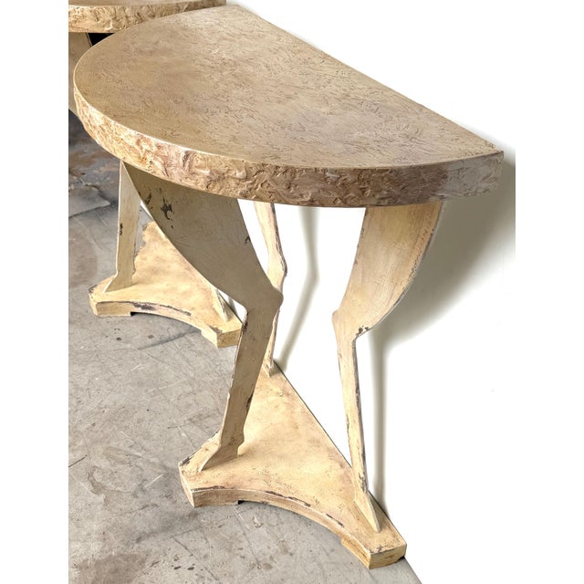Wood Pair of John Dickinson Style Faux Bois Demilune Consoles American, Late 20th C. For Sale - Image 7 of 14