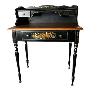 Ethan Allen Hitchcock Style Stencil Gilt and Ebonized Decorated Ladies Writing Desk