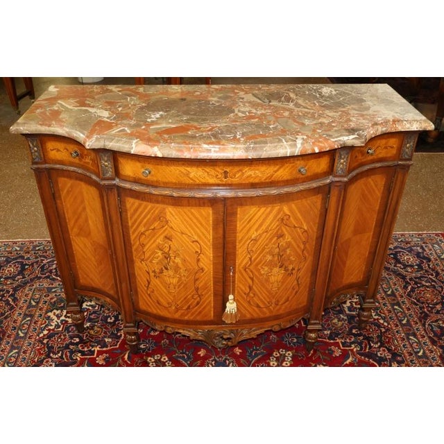 French 1920's French Louis XVI Style Marble Top Satinwood Inlaid Chest Dresser Commode For Sale - Image 3 of 15