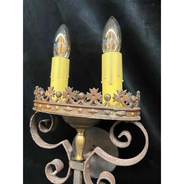 Spanish Revival 1920's Interior Sconces With Crown Detailing -A Pair For Sale - Image 11 of 12