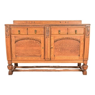 Berkey & Gay Style Antique English Jacobean Carved Oak Sideboard Buffet or Bar Cabinet, Circa 1920s For Sale