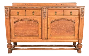 Berkey & Gay Style Antique English Jacobean Carved Oak Sideboard Buffet or Bar Cabinet, Circa 1920s