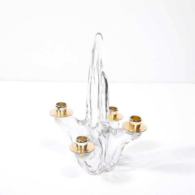 Transparent Pair of Mid-Century Crystal & Brass Amorphic 4 Arm Candelabra Signed Schneider For Sale - Image 8 of 13