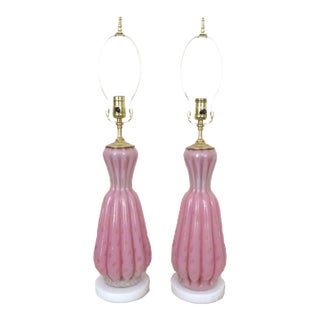 Pair of Barovier & Toso Murano Pink Glass Table Lamps Italy Italian Venetian Mid Century Modern For Sale