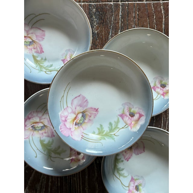 Art Deco 1940s German Porcelain Poppy Bowls 5.375 Inch Hand Painted Floral Dessert Berry Bowls - Set of 5 For Sale - Image 3 of 8