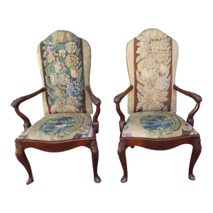 19th Queen Anne Style Arm Chairs Tapestry Upholstery - Set of 2
