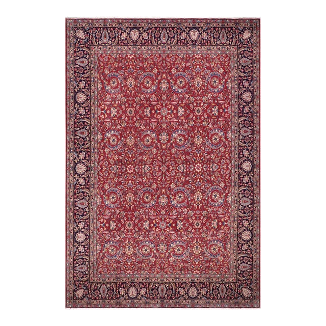 Shabby Chic Persian Tabriz Red/Blue Wool Rug - 9'10'' X 13'4'' For Sale