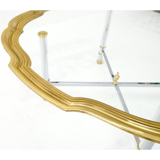 Glass Top Solid Brass Trim Cross Shape Base Chrome Base Round Coffee Table For Sale - Image 11 of 12