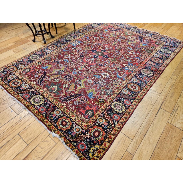 1900 - 1909 Vintage Persian Heriz Serapi Rug, Hand-Knotted Wool, All-Over Geometric Pattern, Red & Navy, 7x10 For Sale - Image 5 of 14