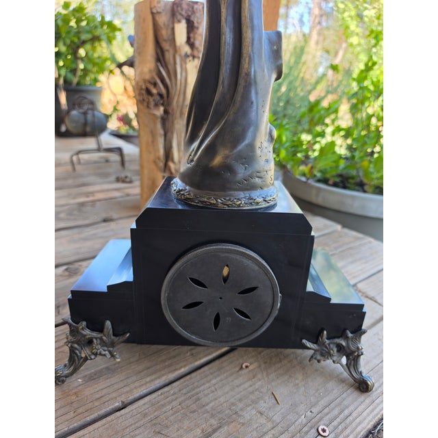 Metal Fine French Art Deco Timepiece: 13lb Patinated Bronze Vanity Sculpture Signed Cuaut on Multi-Tier Black Marble Plinth (Circa 1930) For Sale - Image 7 of 10