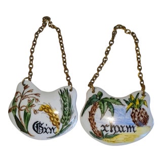 Vintage Hand Painted Porcelain Decanter Labels- Rum & Gin For Sale