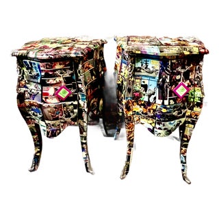 French-Inspired Comic Print Commode Nightstands Pair For Sale