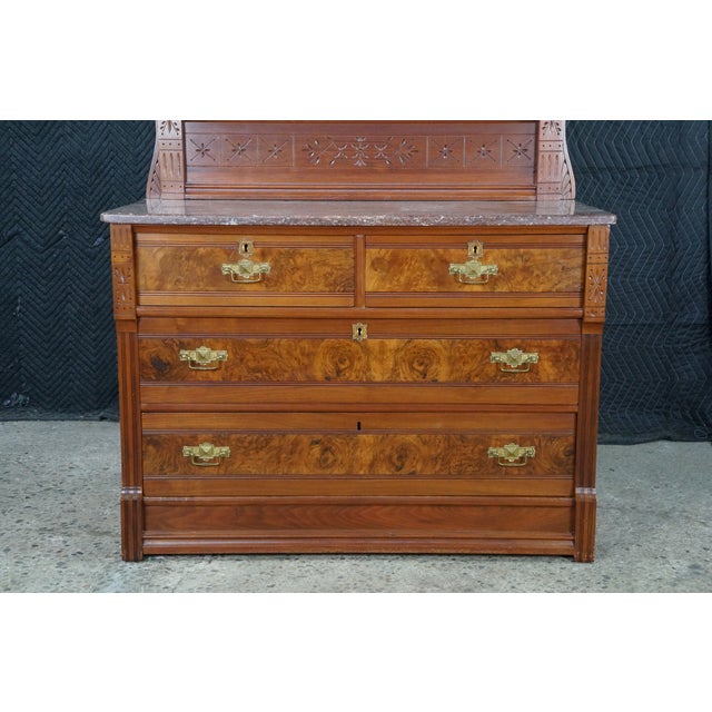 Antique Victorian Eastlake Walnut Burl Marble Top Dresser & Mirror Vanity Chest For Sale - Image 6 of 15