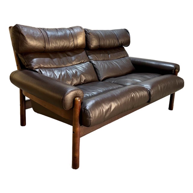 Arne Norell Style Vintage Brown Leather Safari Loveseat Sofa For Sale