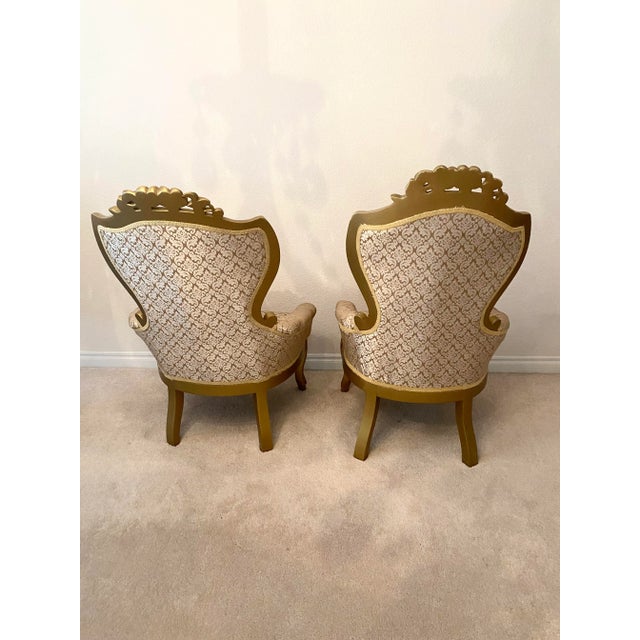 Victorian Style Kimball Style Tufted Gold Upholstered Pair of Parlor Chairs Vintage For Sale - Image 4 of 10