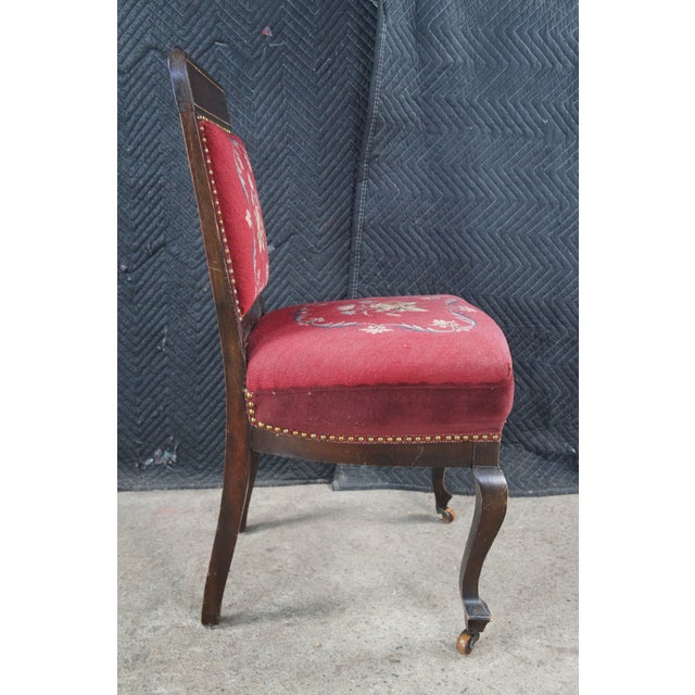 Antique English Edwardian Mahogany Needlepoint Nailhead Parlor Vanity Desk Chair For Sale - Image 10 of 12