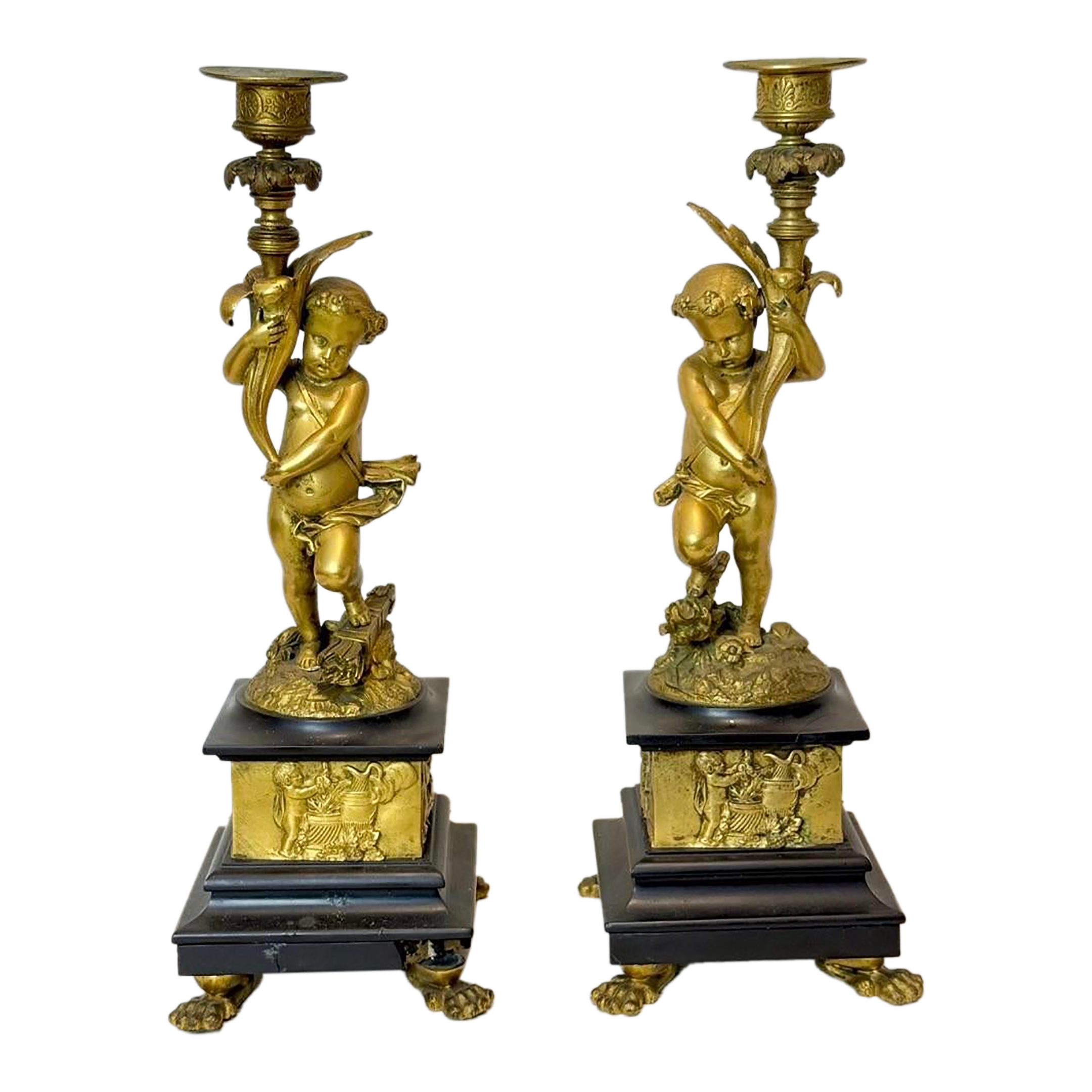 Pair of Antique 19th Century French Dore Bronze Putti Cherub