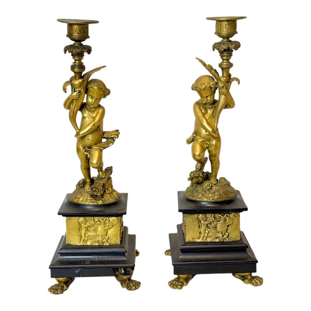 Pair of Antique 19th Century French Dore Bronze Putti Cherub Candlesticks For Sale