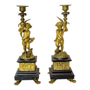 Pair of Antique 19th Century French Dore Bronze Putti Cherub Candlesticks