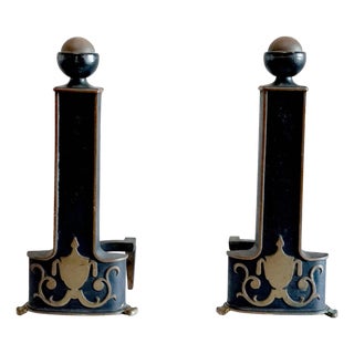 1930s Pair of Neo Classical Style Iron, Ebonized Andirons with Urn Form Motif For Sale