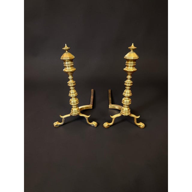 Antique Brass Andirons Pair-Chippendale-Beehive-Claw Foot-Fireplace Dogs-Federal For Sale - Image 11 of 11