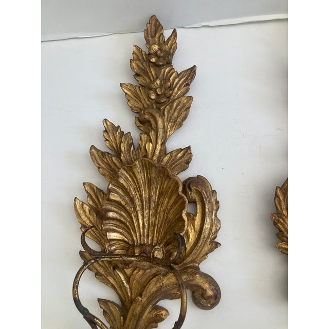 Italian Baroque Carved Gilt Wood Wall Sconces - A Pair For Sale - Image 4 of 11