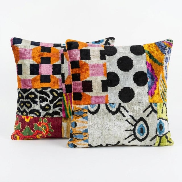 Mid-Century Modern Silk Ikat Velvet Pillow Cover 19'' X 20'' - Set of Two For Sale - Image 3 of 5