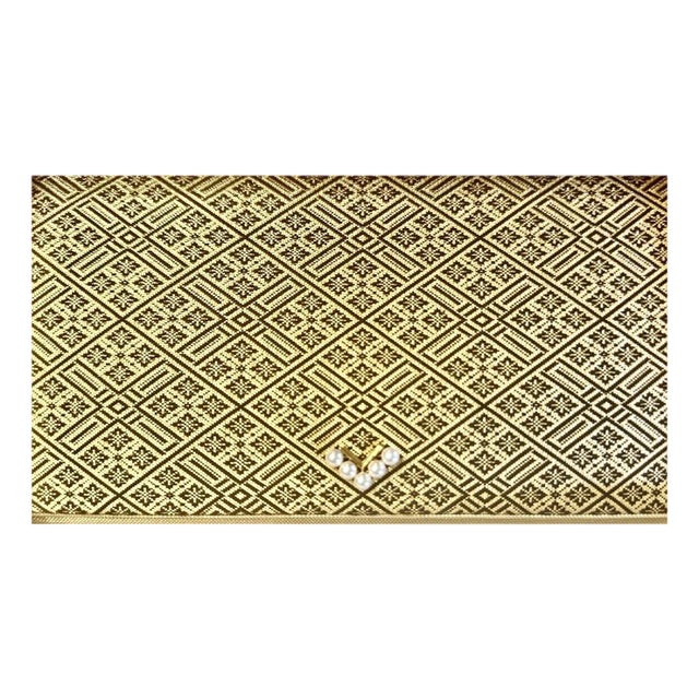 1990s Mikimoto Japanese Kimono Silk Brocade 18k Gold Plate Pearl Clasp Evening Shoulder Bag Clutch Black For Sale