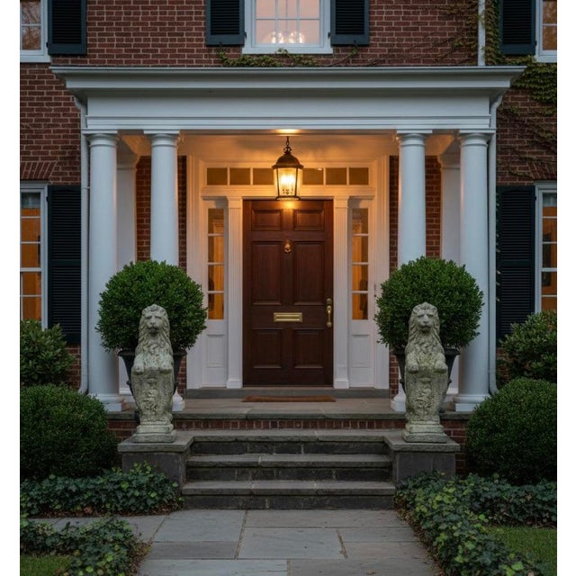 Sand 1990s Stately Pair of Cast Stone Seated Lion Statues With Heraldic Shields For Sale - Image 8 of 9