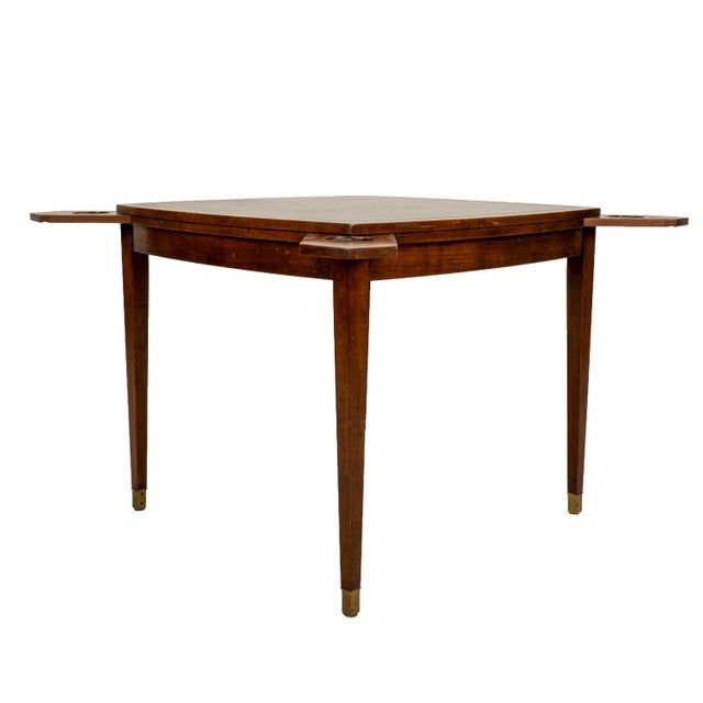 Vintage Old Colony Beacon Hill Walnut & Leather Games Table W/ Hidden Drink Holders For Sale In Tampa - Image 6 of 14