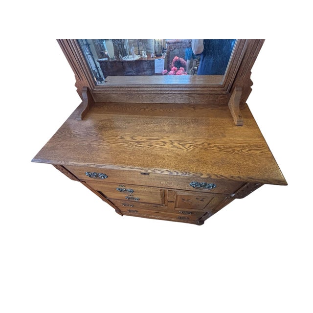 Brown Victorian Early 1900s Oak Chest of Drawers, Highboy, Dresser With Mirror For Sale - Image 8 of 9