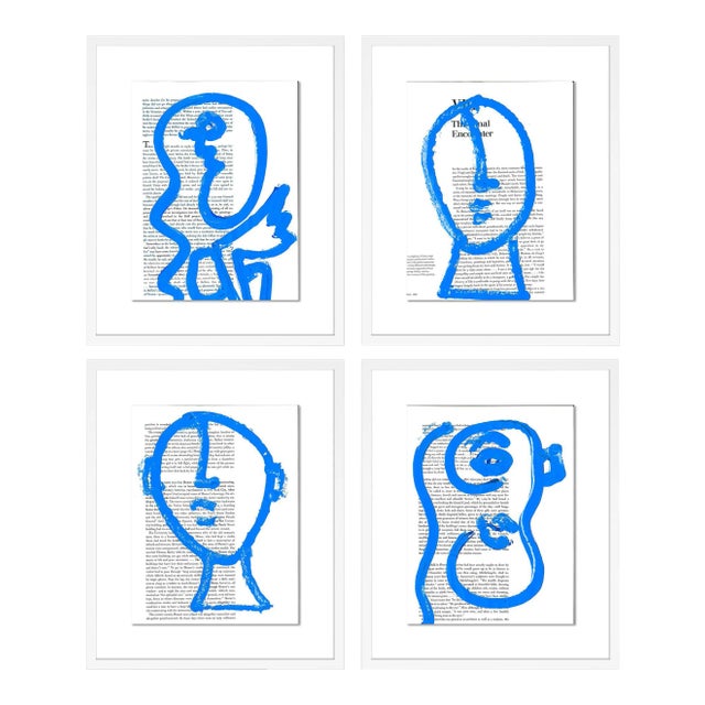 Blue Portraits 4pc Set by Virginia Chamlee in White Frame, Small Art Print For Sale