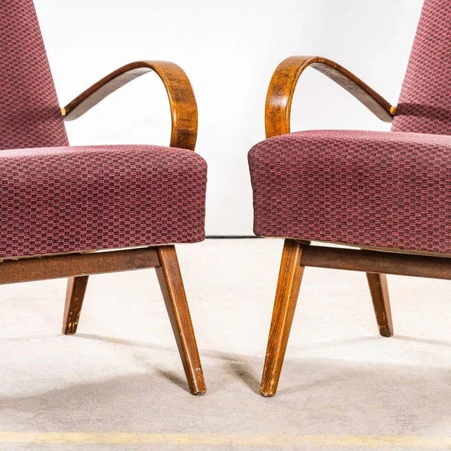 1950s Armchairs with Geometric Aubergine Jacquard Sprung Seat by Jaroslav Šmídek, 1950s For Sale - Image 5 of 10