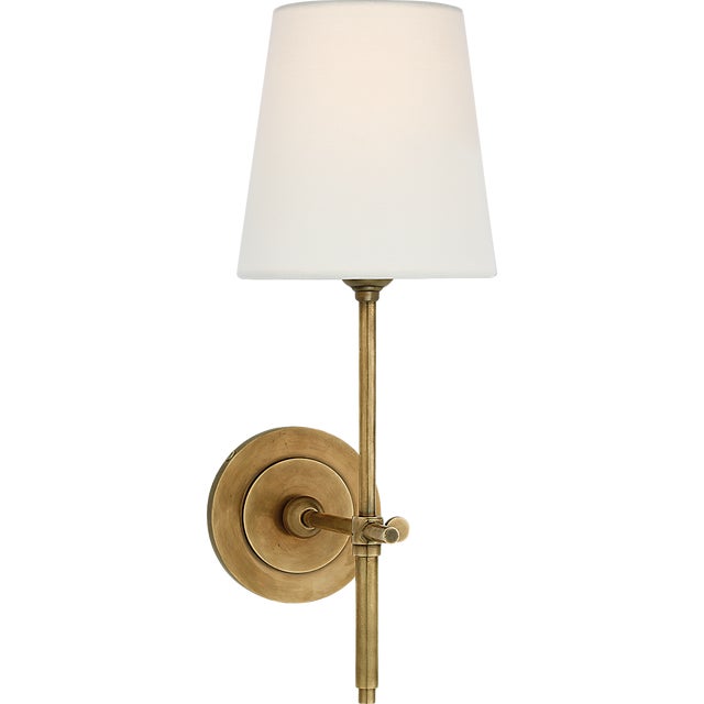 Thomas O'Brien for Visual Comfort Signature Bryant Sconce in Hand-Rubbed Antique Brass with Linen Shade For Sale