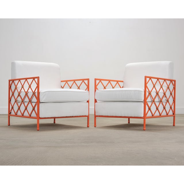 Metal Pair of French Maison Jean Orange Iron Lattice Lounge Chairs For Sale - Image 7 of 18